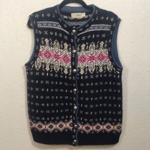 LL Bean Vintage Fair Isle Navy Blue, Pink, Gray Sweater Vest size L